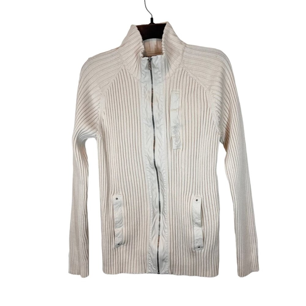Calvin Klein Cardigan L Womens Cream Full Zip‎ Mock Neck Ribbed Sweater Sz Large